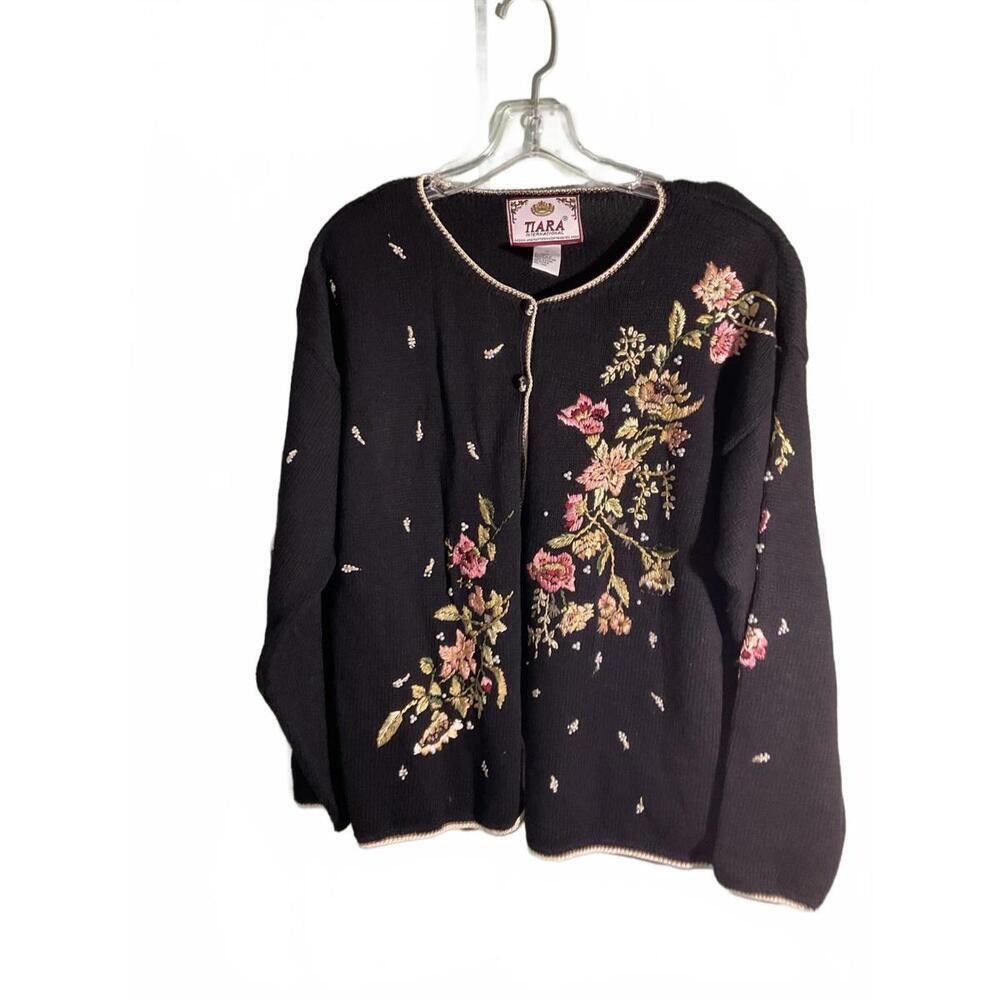 Vintage Tiara Floral Ramie Blend Embroidered Black Cardigan Medium